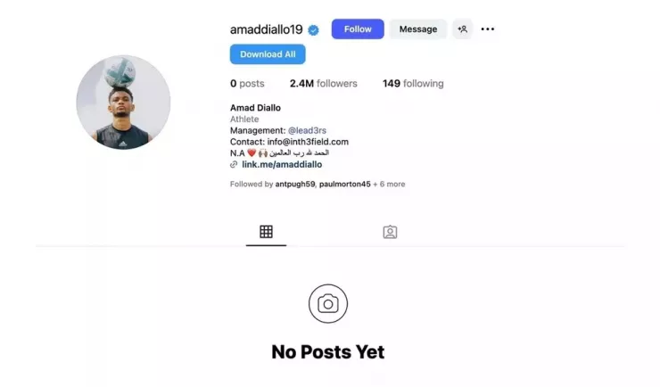 Amad - Ngôi sao của MU xóa tất cả các bài đăng sau bức ảnh gây tranh cãi với Garnacho. ẢNH: INSTAGRAM