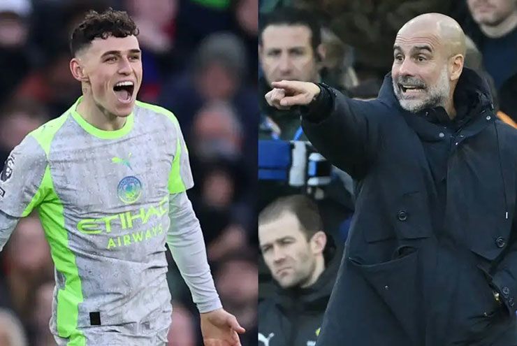 Pep Guardiola (phải) chưa hài lòng với Foden dù anh ghi bàn trước Crystal Palace