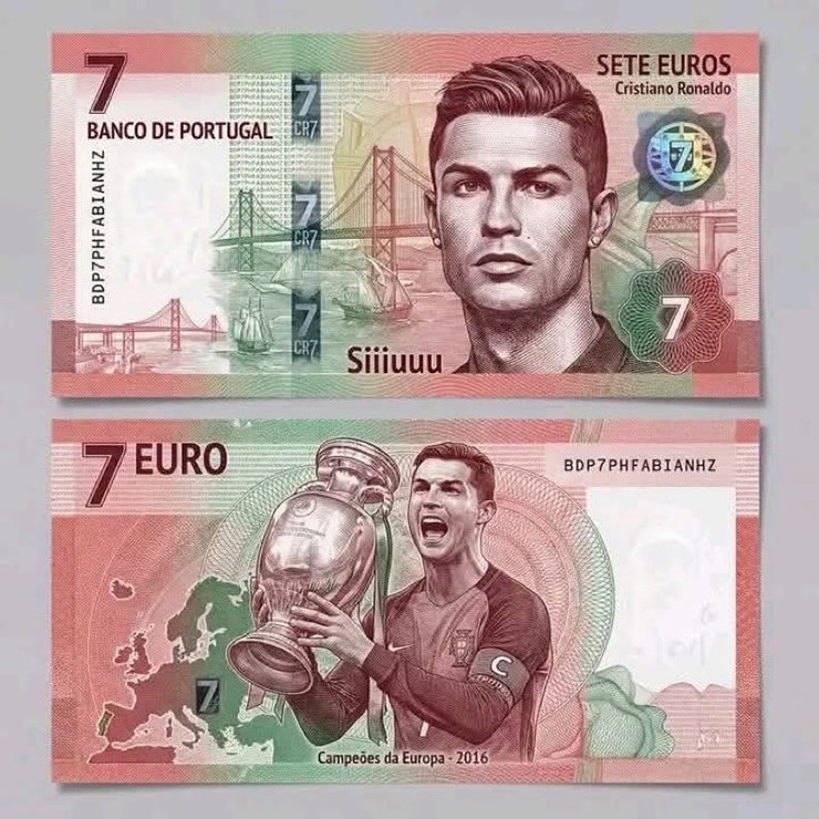 Tờ tiền mệnh giá 7 euro in hình Ronaldo&nbsp;lan truyền trên mạng xã hội
