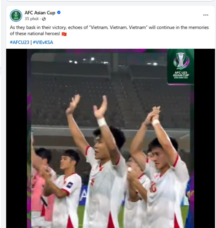 Trang Facebook "AFC Asian Cup" gọi các cầu thủ U23 Việt Nam là "người hùng quốc gia"